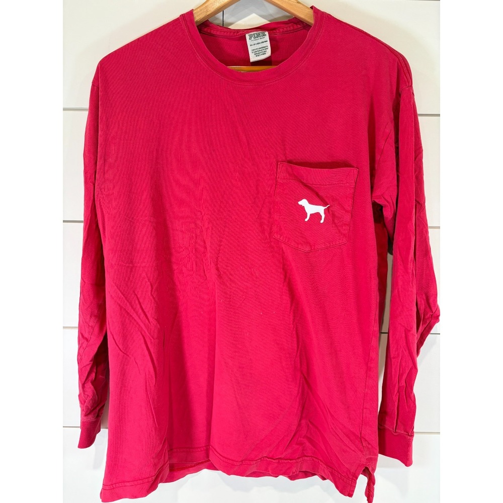 Pink Victoria's Secret Long Sleeve Pocket T-Shirt Red Dog Logo 1986 Size XS